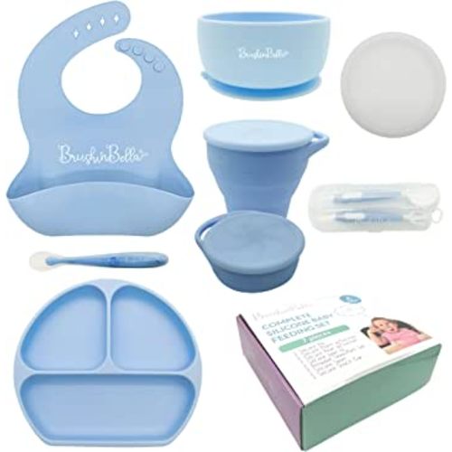 BrushinBella Baby Feeding Supplies - Complete Baby Feeding Set with Baby Plate, Baby Spoons First Stage, Silicone Bib and Snack Cup - Infant Eating Utensils and Baby Bowl with Suction