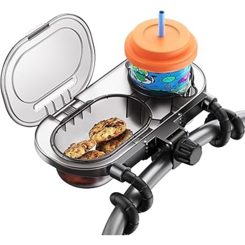 Universal Stroller Snack Tray: Cup Holder Tray with Silicone Flexible Arms Grip Stroller Tray with Dust Cover - Stroller Tray Attachment with Cups Holder for Baby & Toddler Stroller Accessories
