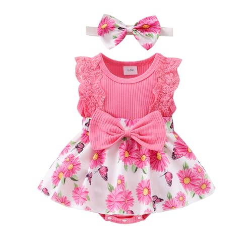 KAFIREN Baby Girl Clothes Newborn Romper Dress Infant Lace Ruffle Sleeveless Summer Outfits with Headband 0-12 Months