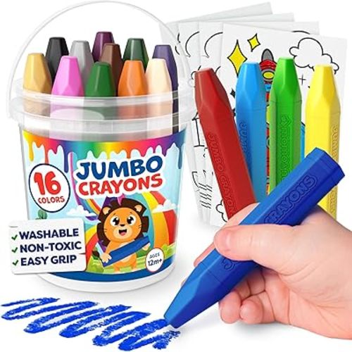 Jumbo Crayons For Toddlers 1-3 - 16pc Toddler Crayons For Kids Ages 4-8 1-3 2-4 - Easter Basket Essentials With Printed & PDF Color Sheets - Non Toxic, Washable Easter Basket Stuffers For Toddlers