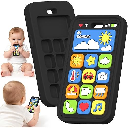 Baby Teething Toys Silicone Baby Phone Teether Over 3 Months - Sensory Chew Toys Baby Teether for Teething Relief - BPA Free Infant Toys Baby Shower Gifts (1, Black)