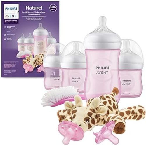 Philips Avent Natural Response Baby Gift Set - 3X 4oz Pink Bottles with Slow Flow Nipples (Flow 2), 1x 9oz Pink Bottle with Medium Flow Nipples (Flow 3), 2X Soothie Pacifiers 0-3m, SCD838/03