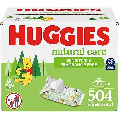 Huggies Natural Care Sensitive Baby Wipes, Unscented, Hypoallergenic, 99% Purified Water, 9 Flip-Top Packs (3 packs of 3), 504 Total Wipes (56 Wipes per pack), Packaging May Vary