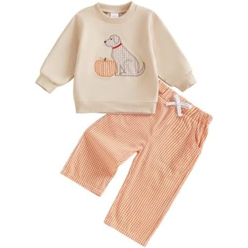 BemeyourBBs Toddler Baby Boy Fall Clothes Embroidery Shirt Top Elastic Waist Plaid Pants Set Trendy 2 Piece Outfit