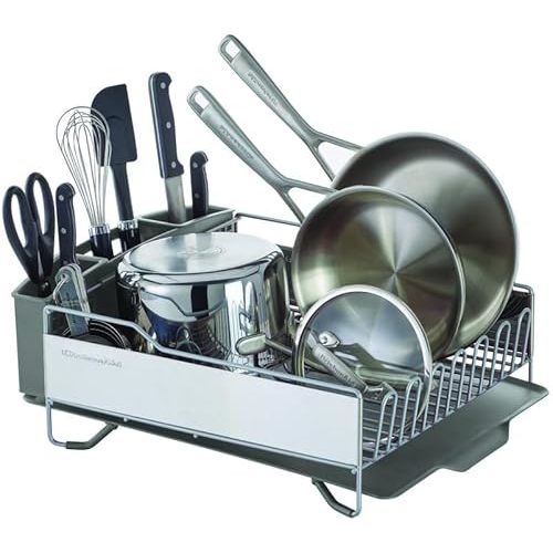 KitchenAid Large Capacity,Full Size, Rust Resistan Dish Rack Angled Drain Board and Removable Flatware Caddy, Light Grey