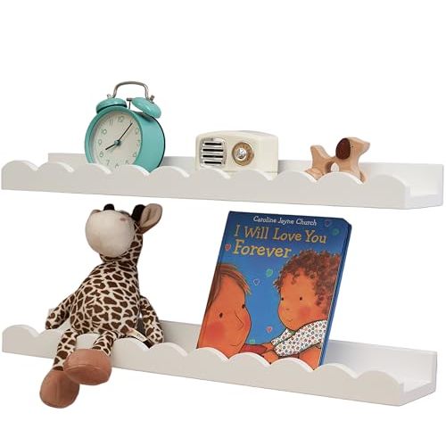 Conamily Nursery Book Shelves, Scalloped Floating Shelves 24inch Set of 2 Solid Pine Wood Wall Mounted Bookshelf with Wave Lip for Bedroom Kids, Toddler Room, Baby Room