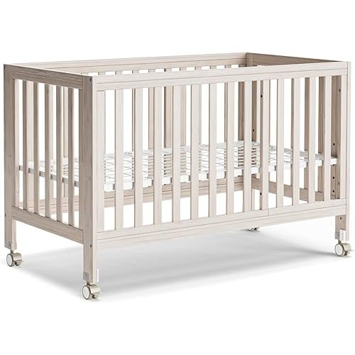 EvoNest Baby Crib, 11 in 1 Convertible Mini Crib with Wheels, 100% New Zealand Pinewood Growing Bed, 4 Adjustable Mattress Height,Washed Natural