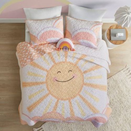 Twin Mandy Sunshine Printed Reversible Kids' Quilt Set Yellow/Coral - Urban Habitat: Kids Bedding, Hypoallergenic, OEKO-TEX Certified