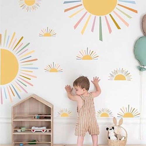 Large Sun Wall Decal Boho Sunshine Wall Stickers Removable Yellow Sun Wall Stickers Boho Half Sun Wall Sticker Big Sunshine Decals for Nursery Kid Room Bedroom Playroom Decor