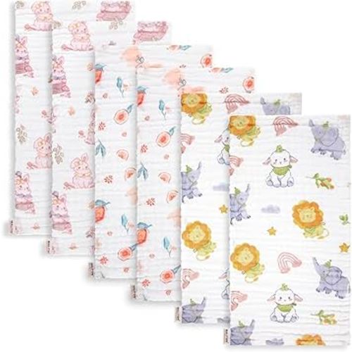 Maliton Muslin Burp Cloths for Baby Girl 6 Pack Large 20''x10'' 100% Cotton Burp Rags Absorbent and Soft 6 Layers Muslin Cloth Baby Boy Newborn Essentials Must Haves (Rabbit & Fruit)