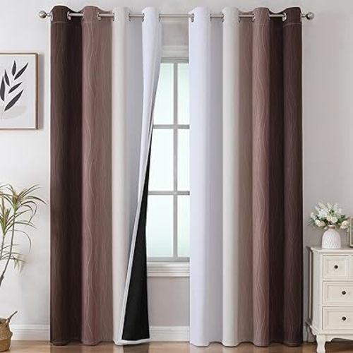 Estelar Textiler Brown and Greyish White Gradient Blackout Curtains for Bedroom, Thermal Insulated Ombre Blackout Drapes, Full Room Darkening Energy Saving Curtains for Living Room,52Wx84L,2 Panels
