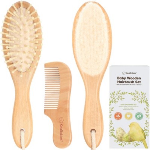Baby Hair Brush and Comb Set, Oval Wooden Baby Brush Set for Newborns, Infant, Toddler Grooming Kit, Color: Walnut
