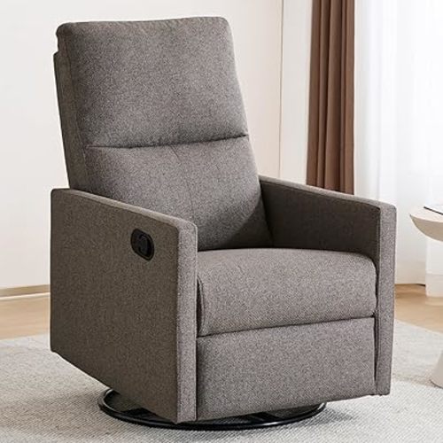 Swivel Rocking Recliner Chair for Adults, Rocker Nursery Glider Chair for Living Room Bedroom, Upholstered Fabric Reclining Single Sofa Chair(Grey)