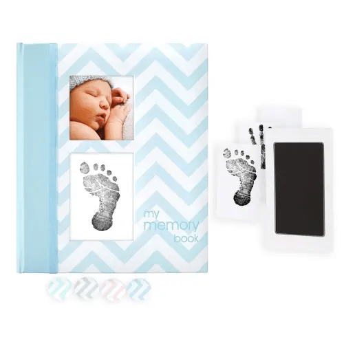 Pearhead Baby Memory Book, First 5 Years Baby Milestone Book, Pregnancy Journal, Gender Neutral Newborn Keepsake, With Clean-Touch Ink Pad For Baby's Handprint or Footprint, Blue Chevron