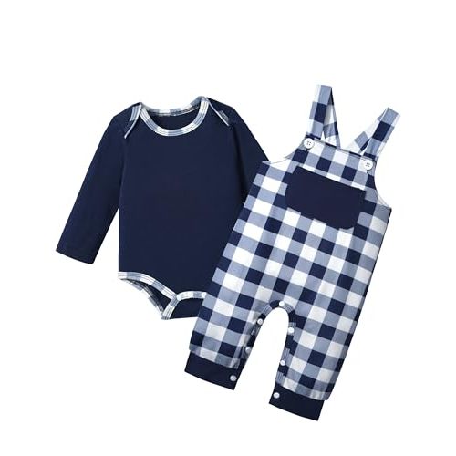 BAVADER Baby Boy Clothes Long Sleeve Animal Plaid Romper + Overalls Infant Boy Clothes 2PCS Fall Winter Outfits