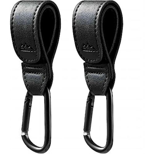 Baby Stroller Hooks for Hanging Diaper Bags Multipurpose Mommy Hooks for Grocery Shopping Bags,Stroller Clips Leather Straps 2 Pack (Black)