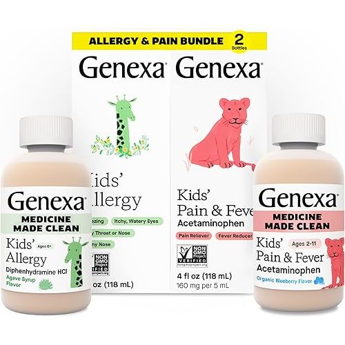Genexa Kids' Clean Allergy & Acetaminophen Medicine Combo, Dye Free, 0% Artificial Additives, Childrens Antihistamine & Pain Reliever Fever Reducer, Ages 6-11, Organic Agave & Blueberry (2 Pack)