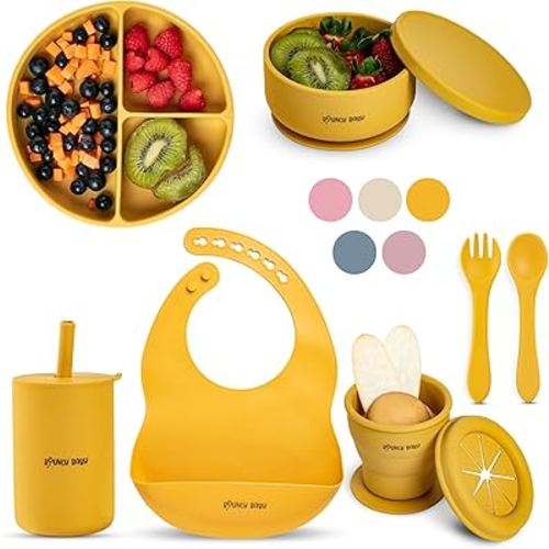 Silicone Baby Feeding Set, 8 PCS Baby Led Weaning Supplies with Baby Plates and Utensils Set, Baby Spoon and Fork, Adjustable Bib, Baby Silicone Feeding Set (Yellow)