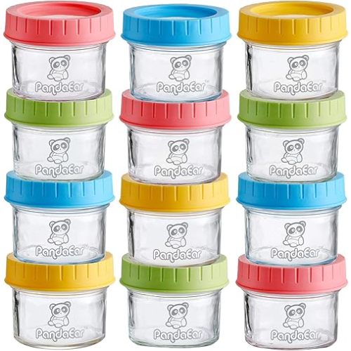PandaEar (12 Pack Glass Baby Food Storage Jars | 4 oz Reusable Small Containers Freezer Storage with Airtight Lids Leak Proof | Microwave & Dishwasher Safe | Infants Kids Babies