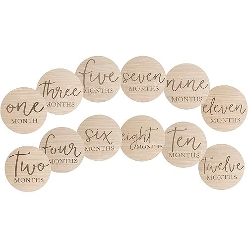 Wooden Milestone Photo Cards - Double-Sided Baby Announcement Discs, Ideal Photo Prop for Monthly Pregnancy Journey and Baby Milestones, 1-12 Months, Light Wood