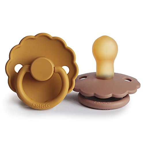 FRIGG Daisy Natural Rubber Baby Pacifier | Made in Denmark | BPA-Free (Rose Gold/Honey Gold, 0-6 Months) 2-Pack