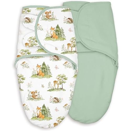 Baby Swaddles for Newborn Organic Cotton, Soft & Snug Velcro Swaddle 0-3 Months Sleep Sack Helps Calm Startle Reflex, 2-Pack Wrap Nursery Swaddling Green Jungle Animals