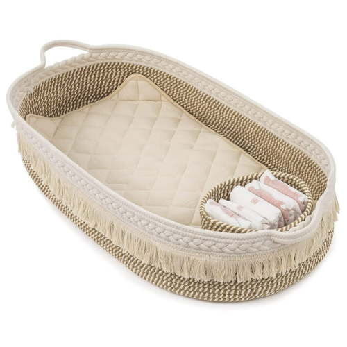 Rolife Cotton Baby Changing Basket with Diaper Changing Foam Pad & Storage Woven Bin,Boho Style Baby Shower Gift Stuff (with Tassel)