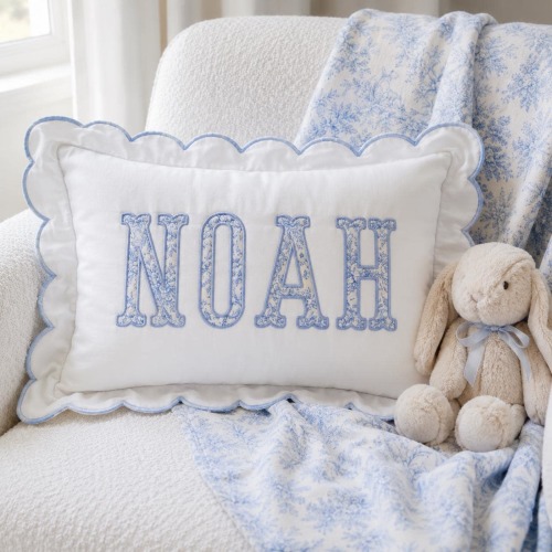 Personalized Baby Name Pillow Cover, Custom Embroidered Nursery Pillowcase, Scallop Edge Lumbar Pillow Cover, Baby Shower Gift, Crib Decor
