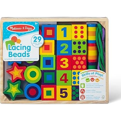 Melissa & Doug Deluxe Wooden Lacing Beads - Educational Activity With 27 Beads and 2 Laces For Toddlers, Fine Motor Skills Lacing Toys For Toddlers And Kids Ages 3+