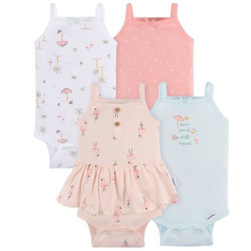 Gerber Baby Girls' 4-pack Sleeveless Onesies Bodysuits, Pink Flamingo, 12 Months