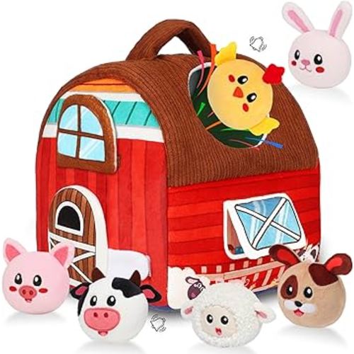 Avesa Baby Toys 6-12 Months - Soft Barn Toy with Stuffed Farm Animals, Rattle - Montessori Toys for Babies 6 Months Old Sensory Infant Toy Baby Valentines Day Gifts Easter Basket Stuffers