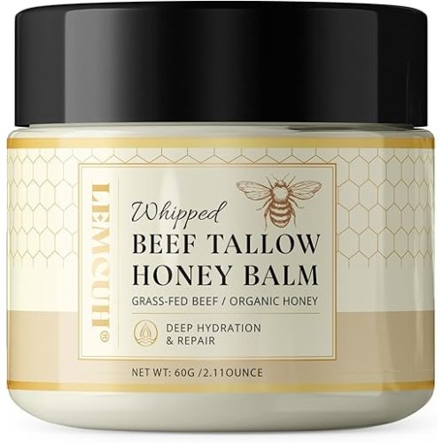 Beef Tallow and Honey Balm for Skin: Grass-Fed Beef and Organic Honey-Moisturizer For Face and Body Unscented Whipped Beef Tallow Made with Beeswax Jojoba oil for Eczema Dry Skin Great Gift for Mom
