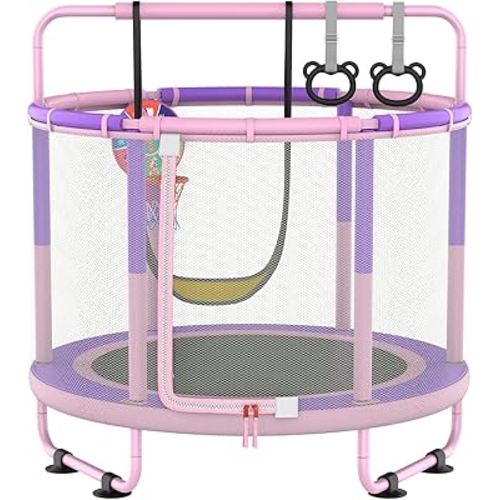 LANGXUN 60" Trampoline for Kids, 5ft Mini Toddler Indoor & Outdoor Trampoline with Net, Basketball Hoop & Dart Board, Birthday Gifts for Boys & Girls, Baby Toddler Christmas Toys