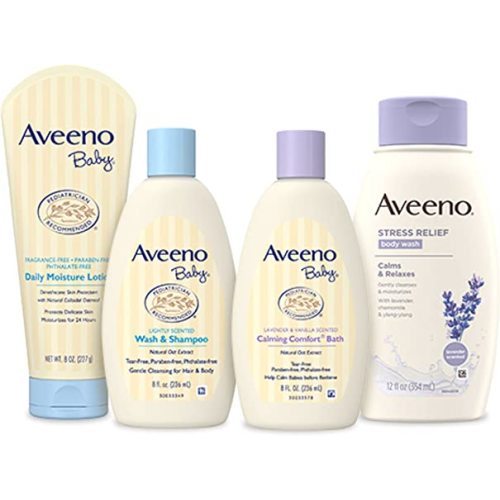 Aveeno Baby Mommy & Me Daily Bathtime Gift Set Including Baby Wash & Shampoo, Calming Baby Bath & Wash, Baby Moisturizing Lotion & Stress Relief Body Wash for Mom, Soap-Free, 4 Items
