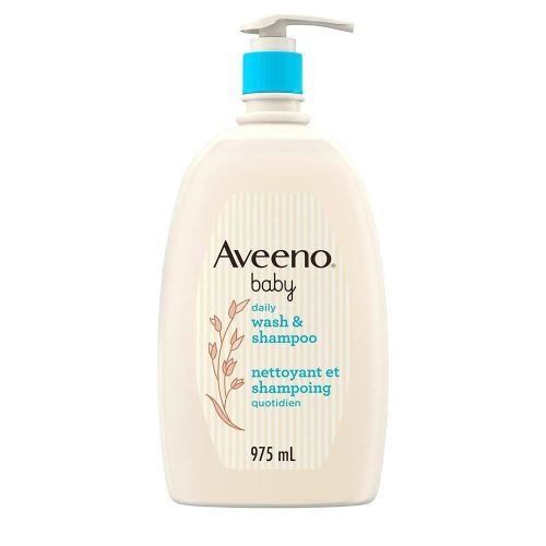 Aveeno Baby Wash and Shampoo - Gentle 2-in-1 Body Wash with Natural Oat Extract for Sensitive Skin - Tear-Free, Hypoallergenic Cleanser, Free from Parabens, Sulfates & Dyes - 975ml