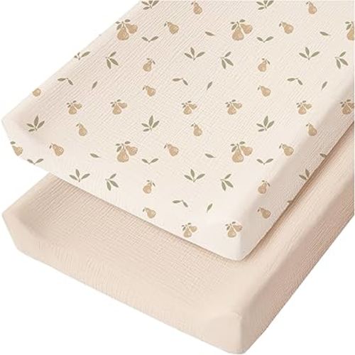 Konssy 2 Pack Muslin Changing Pad Cover for Baby Girls Boys 100% Cotton Fitted Diaper Changing Table Cover Set, Soft Changing Pad Sheets (Summer Wheat,Pear)