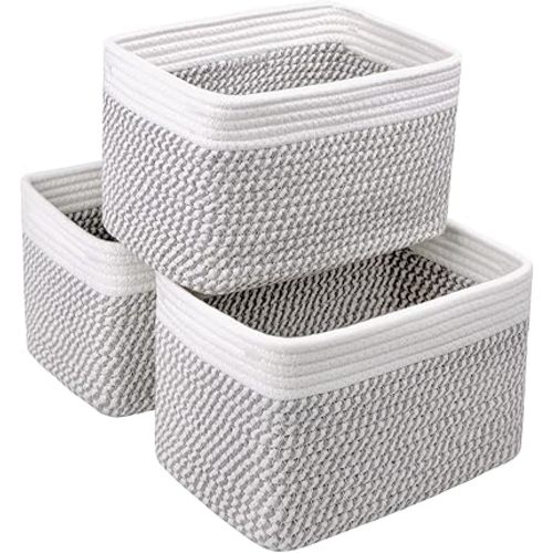 Small Cotton Rope Storage Basket Set of 3-11"x7"x7" Perfect Woven Baskets for Storage, Ideal Storage Baskets for Organizing Toys, Towels, and More - Baskets for Shelves(White & Mixed Grey)
