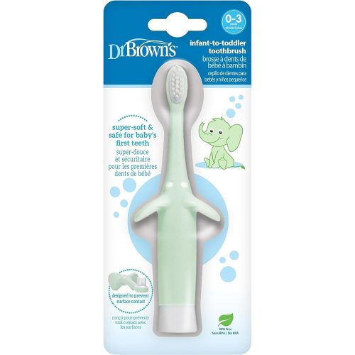 Dr. Brown's Infant-to-Toddler Training Toothbrush Set, Mint Elephant with Fluoride-Free Strawberry Baby Toothpaste, 0-3 Years