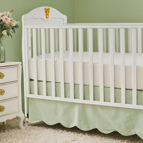 Brandream Scallop Edge Cotton Crib Skirt Toddler Bedskirt Baby Nursery Crib Bed Skirt Gender Neutral Solid Color Light Green Farmhouse Chic Boho Bohemian Skirt