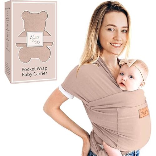Baby Wrap Carrier - Premium Cotton Baby Carrier Wrap for Newborn to Toddler- Infant Carrier- Baby Holder One Size Fits All with Front Pocket(Beige) by Max&so