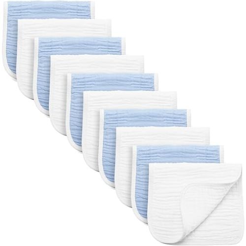 Synrroe Burp Cloths Large, Muslin Burp Cloths for Baby Girls and Boys, Pack of 10 Extra Absorbent and Soft Muslin Bibs, 6 Layers 20 by 10 Inches 100% Cotton (Blue-White 10 Pack)