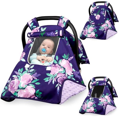 Baby Carseat Seat Cover Girls, Winter Carseat Canopy, Cozy & Warm Cover with Zipper Peep Windows, Infant Minky Carrier Cover, Soft Breathable, Baby Must Have, Purple Stuff