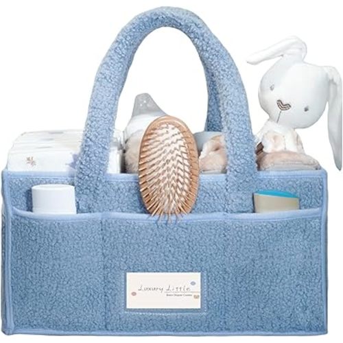 luxury little Diaper Caddy Organizer, Large Cotton Rope Nursery Baby Basket, Changing Table Organizer for Baby Diaper Storage, Portable Car Organizer with Removable Divider (Baby Blue)