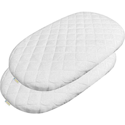 Bamuho 2 Pack Bassinet Mattress Pad Cover for Hourglass/Oval Bassinet Mattress, Waterproof Viscose Made from Bamboo Bassinet Mattress Protector with Elastic Bed Skirt, 30"×18" White