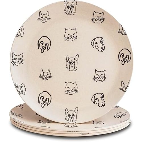 Nook Theory 4 Pack Reusable Bamboo Plates - Non-Toxic Toddler and Kids Plate, Dishwasher Safe, Not Microwavable Dinnerware (Catdog 8")