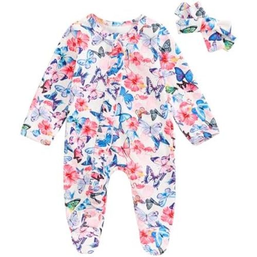 Newborn Outfits Baby Girl Floral Print Ruffle Romper Jumpsuit Long Sleeve Zipper Bodysuit Fall Winter Clothes