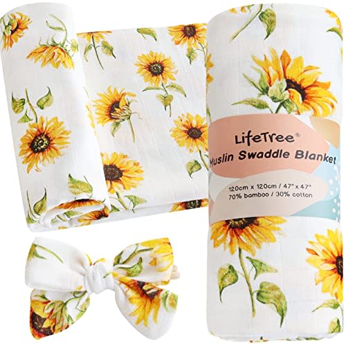 LifeTree Baby Muslin Swaddle Blankets for Boys & Girls, Newborn Swaddle Set with Matching Headband Bow, Neutral Infant Blanket Wrap, 47 x 47 inches, Sunflowers, 70% Viscose from Bamboo and 30% Cotton
