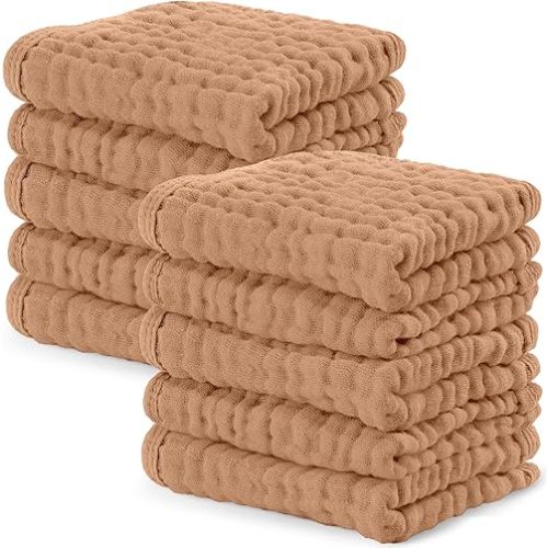 Comfy Cubs Muslin Baby Washcloths 10 Pack - Soft 6-Layer Cotton Wash Cloths for Sensitive Skin - 10"x10" Large, Gentle, Absorbent Infant Essentials for Newborn and Toddlers - Caramel