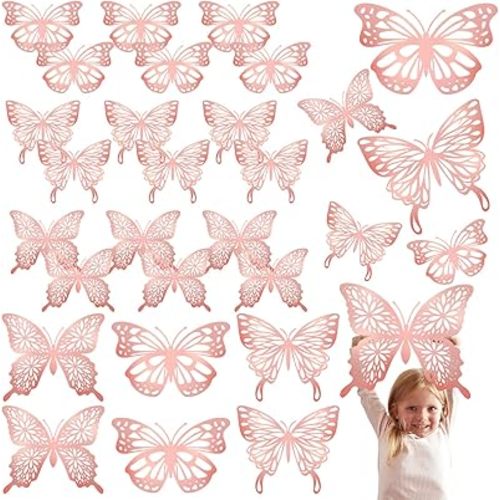 Yeaqee 24 Pcs Large Butterfly Party Decoration 3D Butterflies Wall Decor Set 2 Sizes 3 Styles Large Stickers for Birthday Baby Shower Nursery Bedroom Wedding Decor Cutouts (Pink)