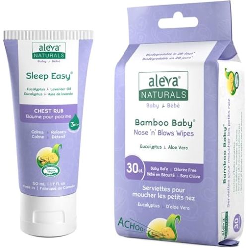 Aleva Naturals Stuffy Nose Kit - 2 Piece| Nose 'n' Blows Wipes | Sleep Easy Chest Rub | Natural | Organic | Hypoallergenic | Biodegradable | Sensitive Skin | Soothing & Moisturizing | Unbleached